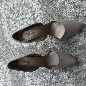 4 inch beige mid open foot suede feel heels